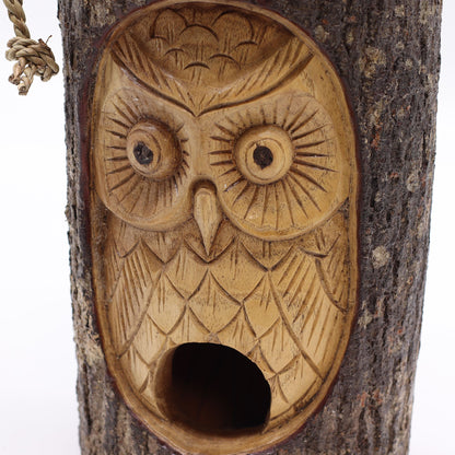 Wise Owl Tree Trunk Bird House – Hand-Carved in Indonesia | Natural Garden Decoration