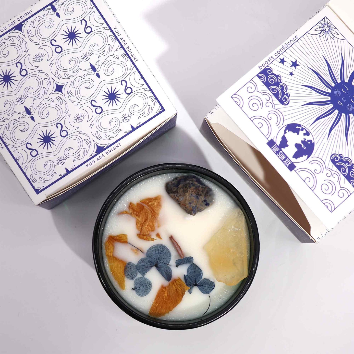 Hop Hare Crystal Magic Flower Candle – The Sun | Citrine, Sodalite & Lemon Horizon