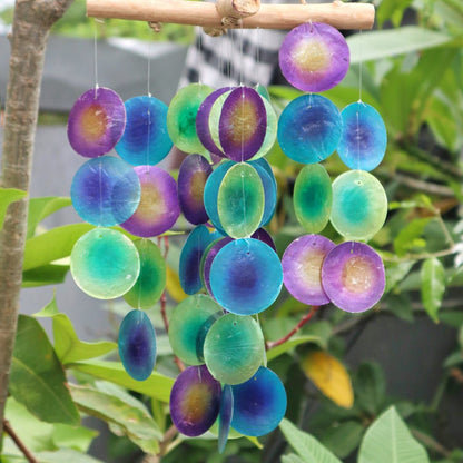 Green & Purple Driftwood Cross Chime – Handmade Capiz Shell & Driftwood