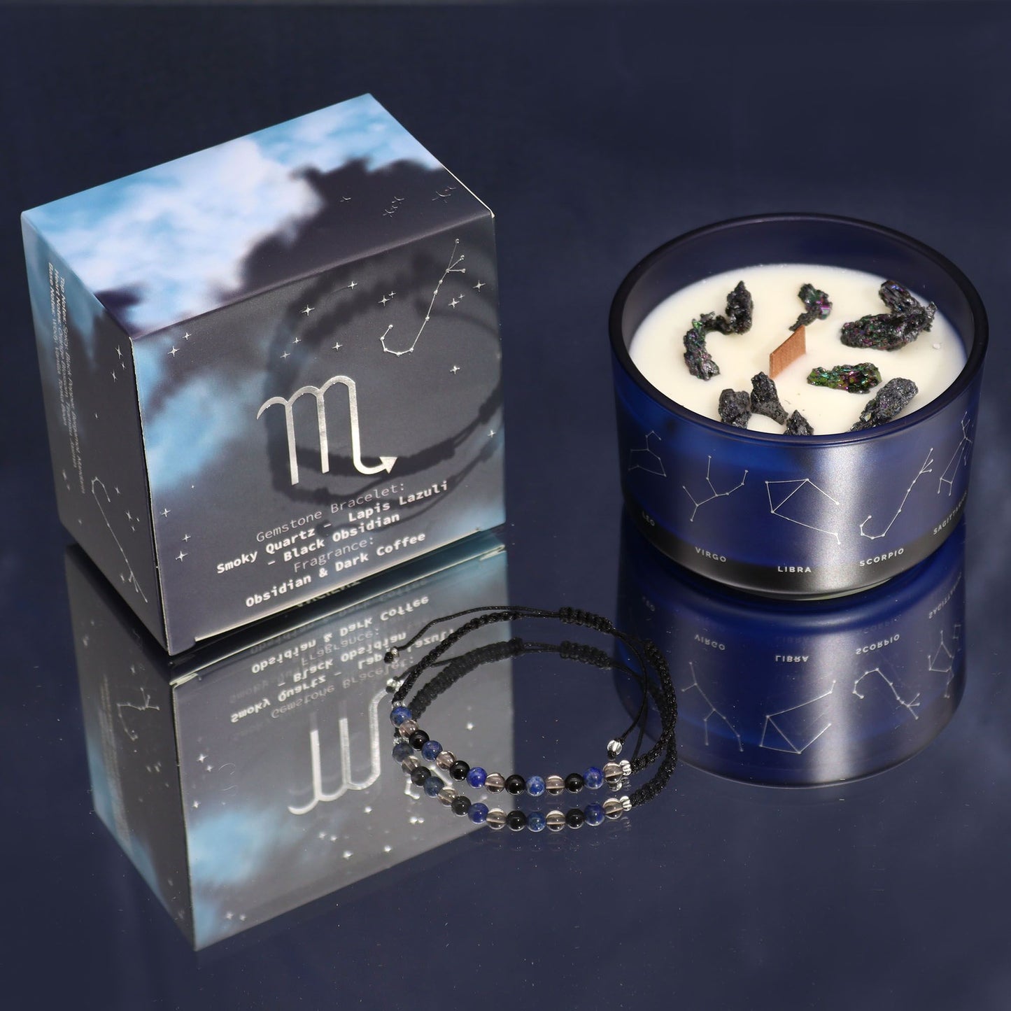 Zodiac Crystal Candle with Gemstone Bracelet – Scorpio | Obsidian & Dark Coffee