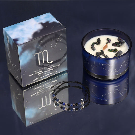 Zodiac Crystal Candle with Gemstone Bracelet – Scorpio | Obsidian & Dark Coffee