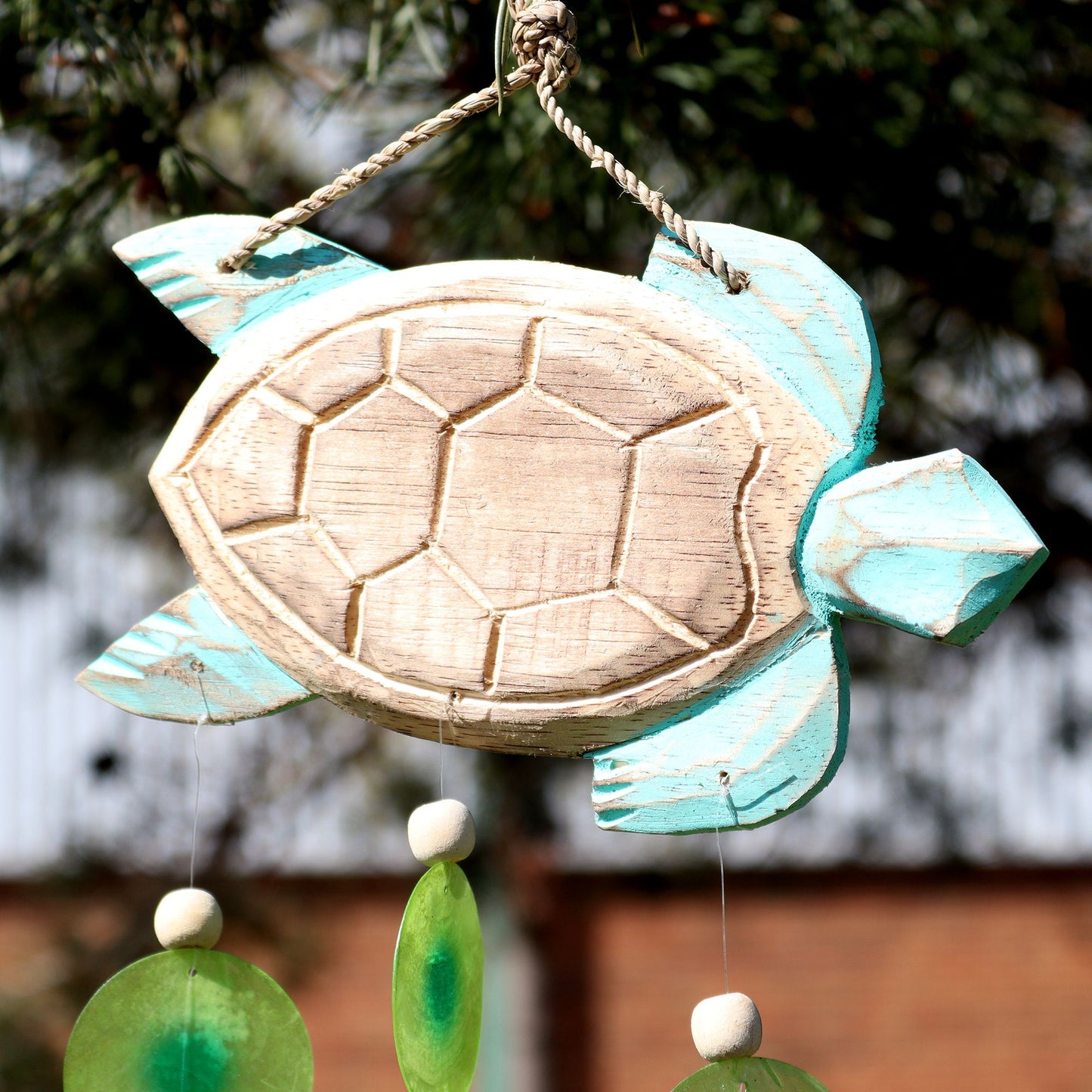 Aqua Turtle Carving & Capiz Drop Chime – Handmade Natural Wind Chime