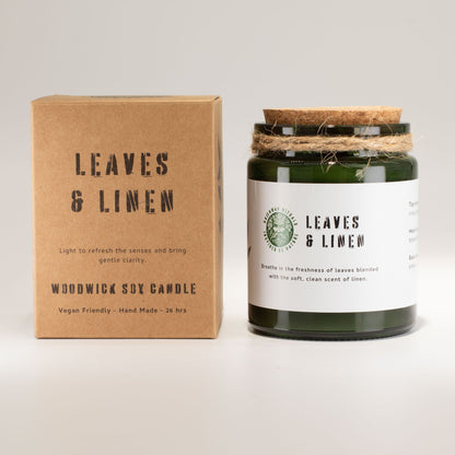 Greenman Rituals Woodwick Soy Candle – Leaves & Linen