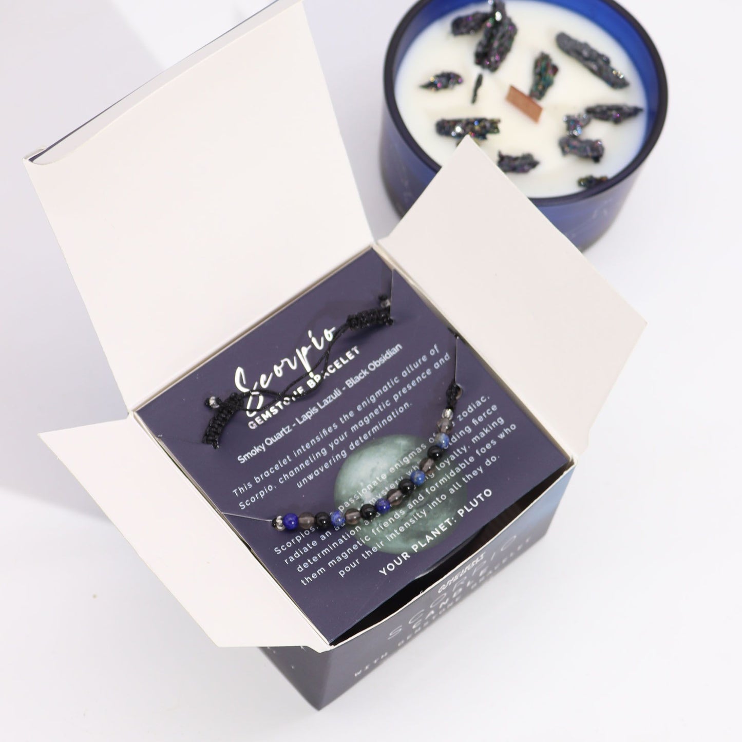 Zodiac Crystal Candle with Gemstone Bracelet – Scorpio | Obsidian & Dark Coffee
