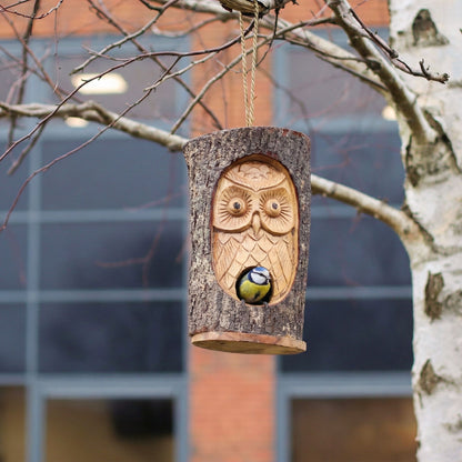 Wise Owl Tree Trunk Bird House – Hand-Carved in Indonesia | Natural Garden Decoration
