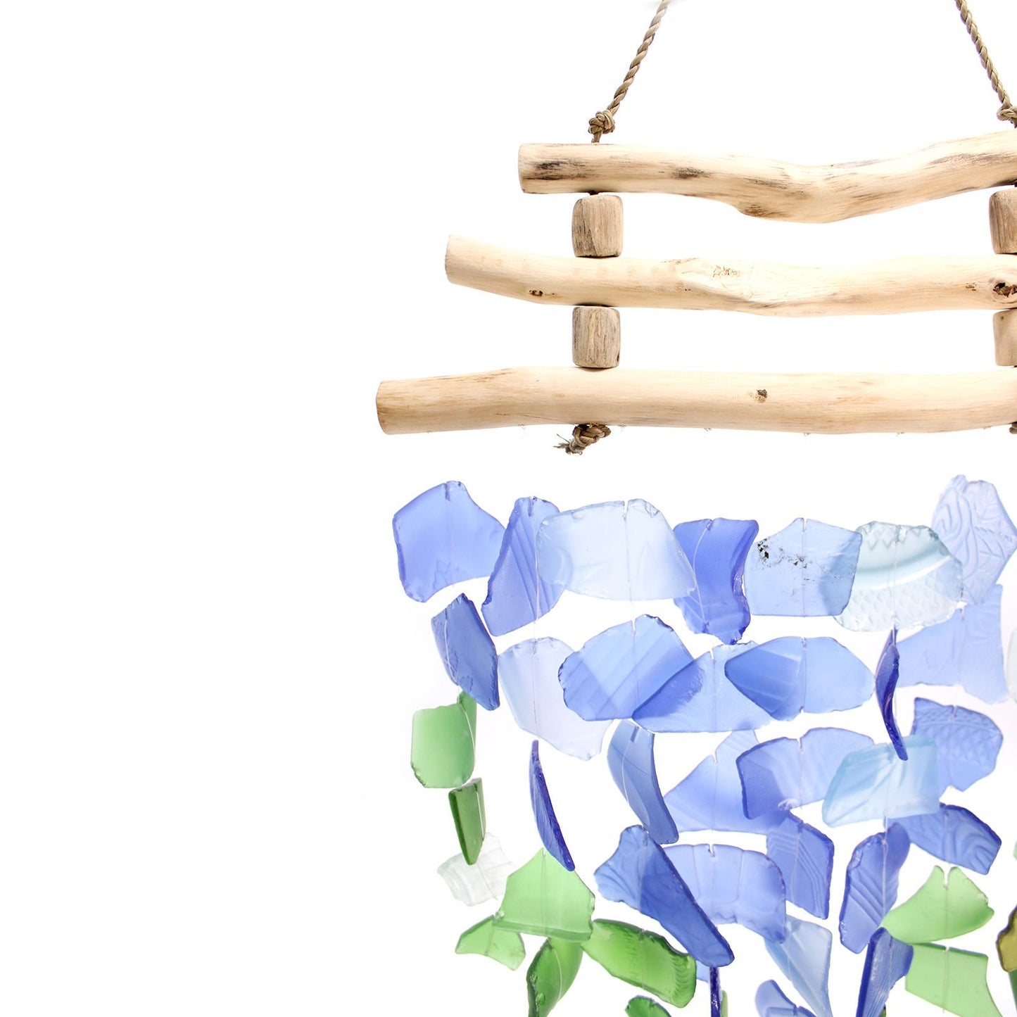 Driftwood Three Stick Sea Glass Hanging – Blue & Green