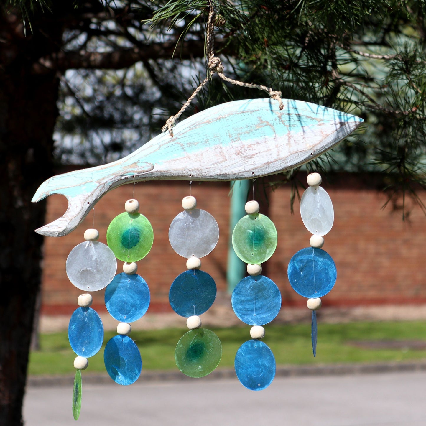 Aqua Fish Carving & Capiz Drop Chime – Handmade Natural Wind Chime