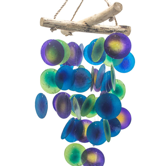Green & Purple Driftwood Cross Chime – Handmade Capiz Shell & Driftwood
