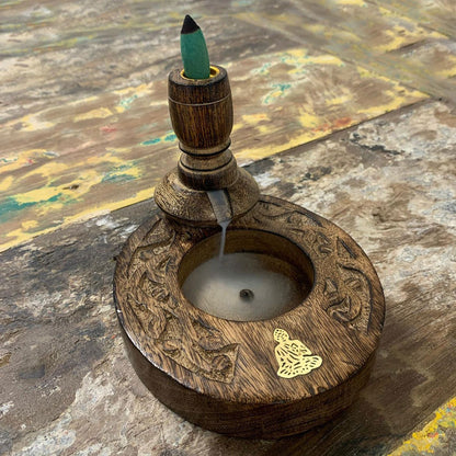 Sm Mango Wood Backflow Incense Burner - Brass Buddha