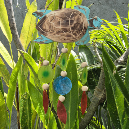 Aqua Turtle Carving & Capiz Drop Chime – Handmade Natural Wind Chime
