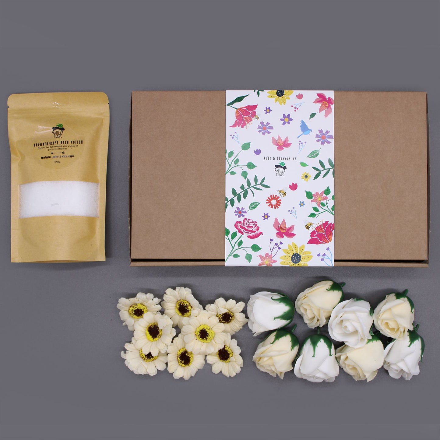 Salt Soak & Soap Flower Set – Eucalyptus, Ginger & Black Pepper | 350g