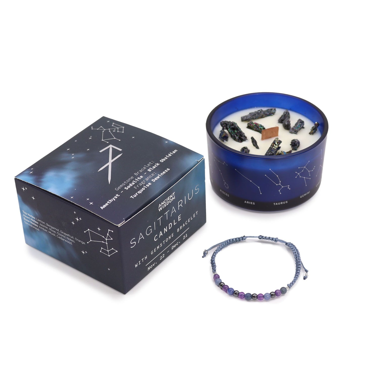 Zodiac Crystal Candle with Gemstone Bracelet – Sagittarius | Turquoise Dewiness