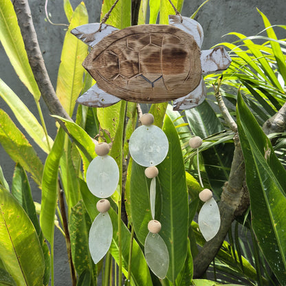 Whitewash Turtle Carving & Natural Capiz Drop Chime – Handmade Wind Chime