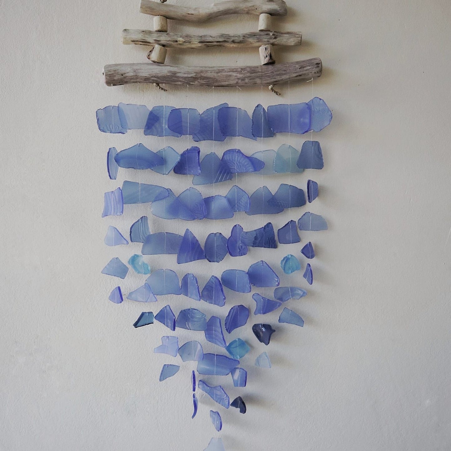 Driftwood Three Stick Sea Glass Hanging – All Blues