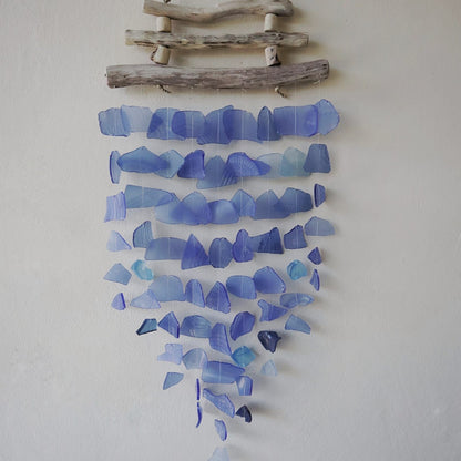 Driftwood Three Stick Sea Glass Hanging – All Blues