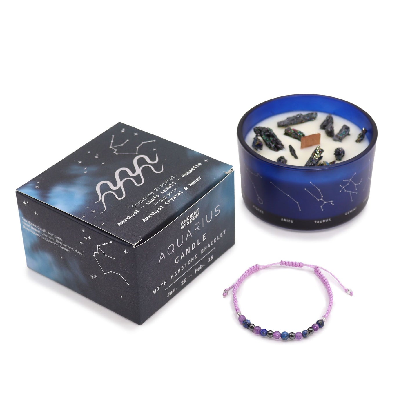 Zodiac Crystal Candle with Gemstone Bracelet – Aquarius | Amethyst Crystal & Amber
