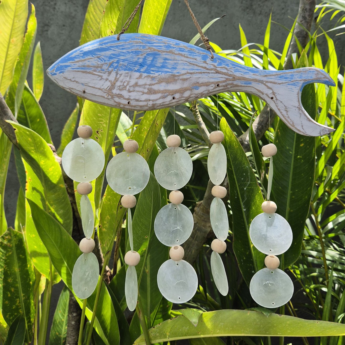 Bluewash Fish Carving & Natural Capiz Drop Chime – Handmade Wind Chime