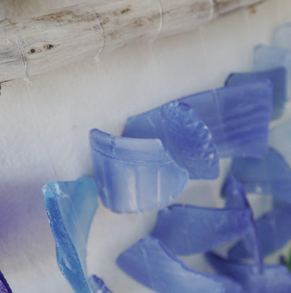 Driftwood Three Stick Sea Glass Hanging – All Blues