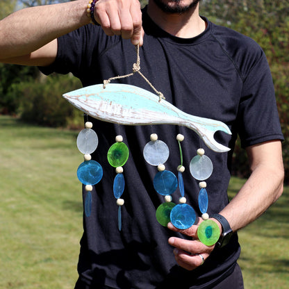 Aqua Fish Carving & Capiz Drop Chime – Handmade Natural Wind Chime