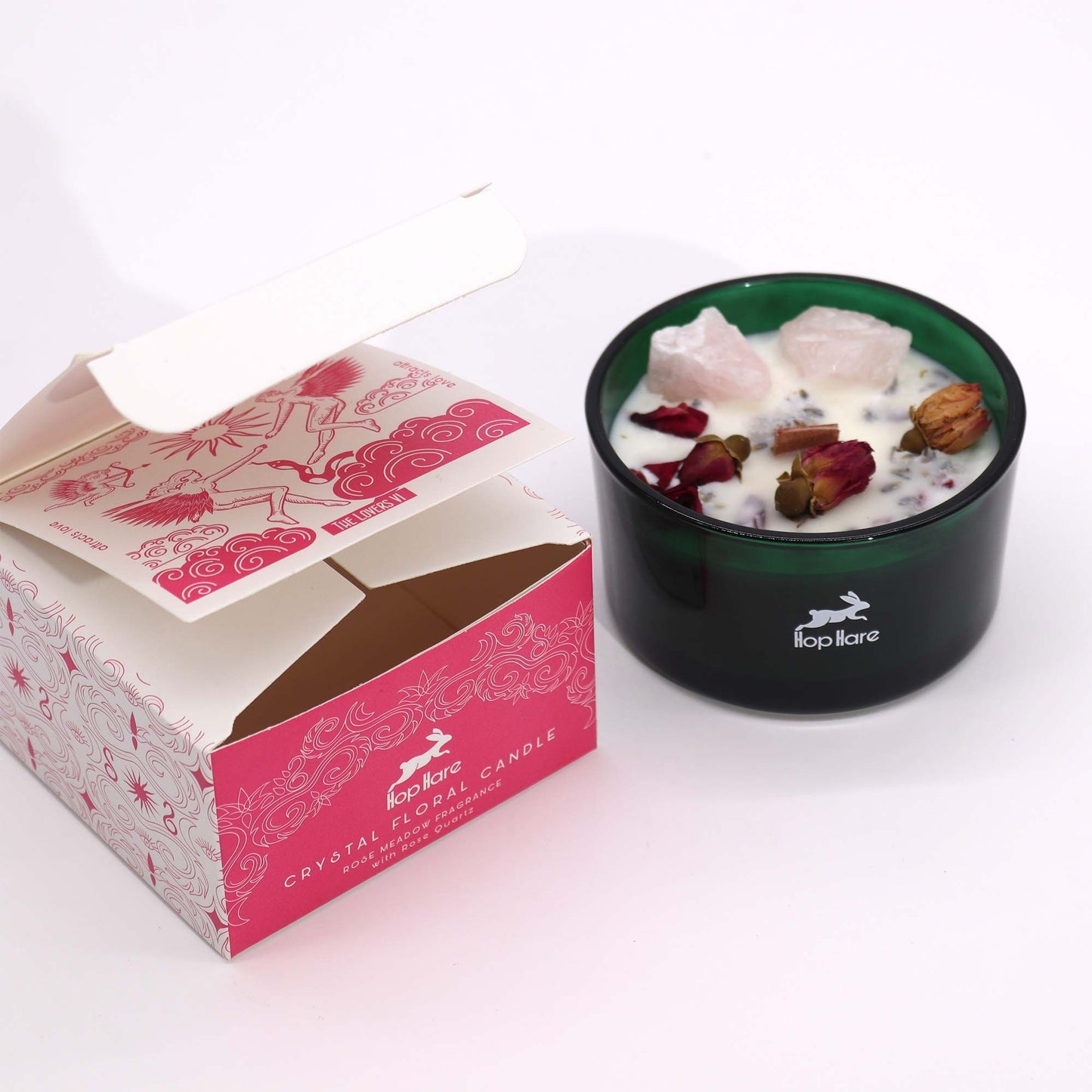 Hop Hare Crystal Magic Flower Candle – The Lovers | Rose Quartz & Rose Meadow