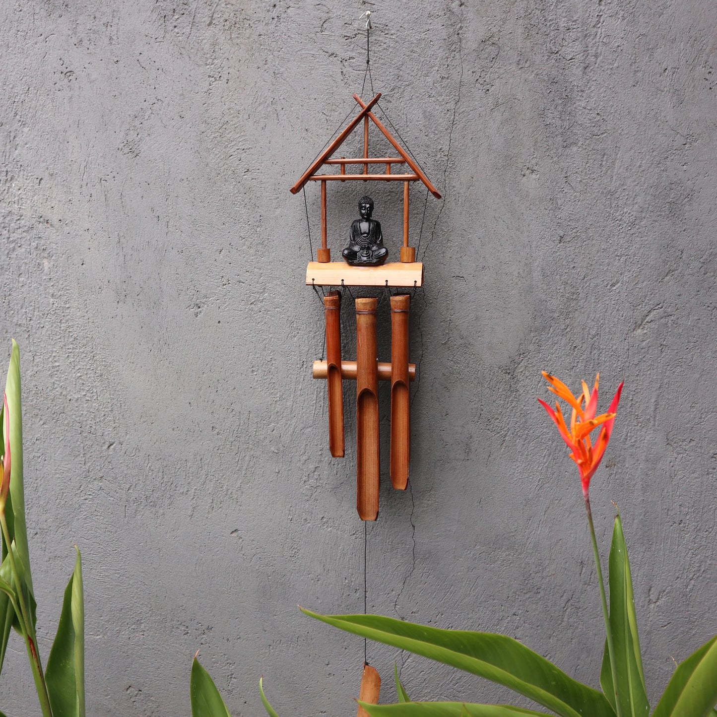 Black Buddha Bamboo Wind Chime 6 Tubes – Natural Finish | Zen Garden & Meditation Decoration