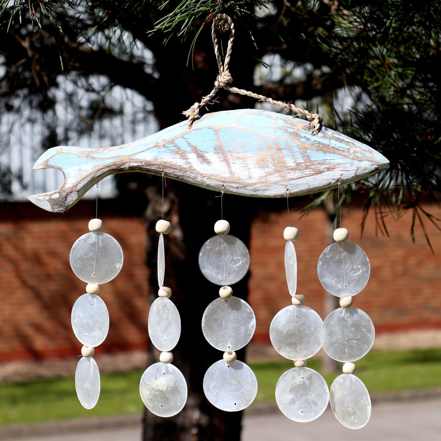 Bluewash Fish Carving & Natural Capiz Drop Chime – Handmade Wind Chime