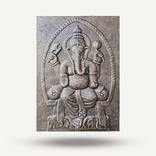 Large Ganpati Iron Frame Antique Gold Relief – 0.7 x 1m