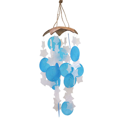 Coconut & Capiz Wind Chimes – Blue & White Stars, 30cm