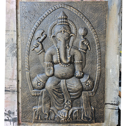 Large Ganpati Iron Frame Antique Gold Relief – 0.7 x 1m