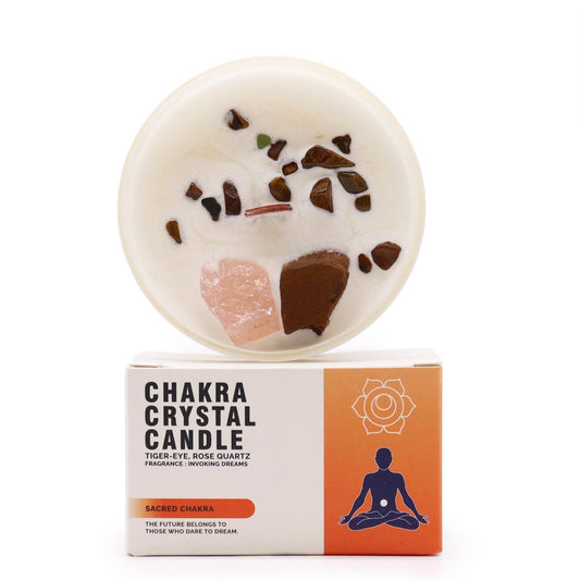 Chakra Crystal Candle – Sacral Chakra | Tiger Eye, Rose Quartz & Invoking Dreams
