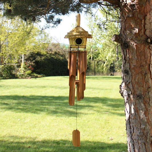 Round Seagrass Bird Box with Chimes 45x17cm – Natural Handmade Garden Decoration