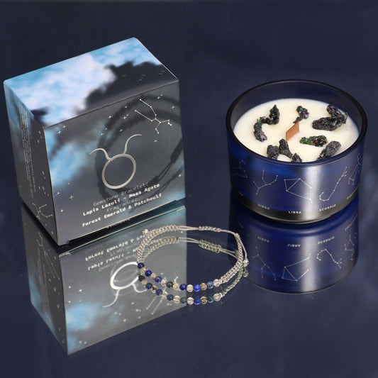 Zodiac Crystal Candle with Gemstone Bracelet – Taurus | Forest Emerald & Patchouli
