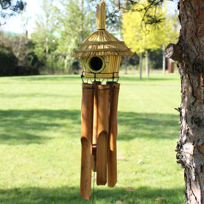 Round Seagrass Bird Box with Chimes 45x17cm – Natural Handmade Garden Decoration