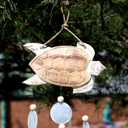 Whitewash Turtle Carving & Natural Capiz Drop Chime – Handmade Wind Chime