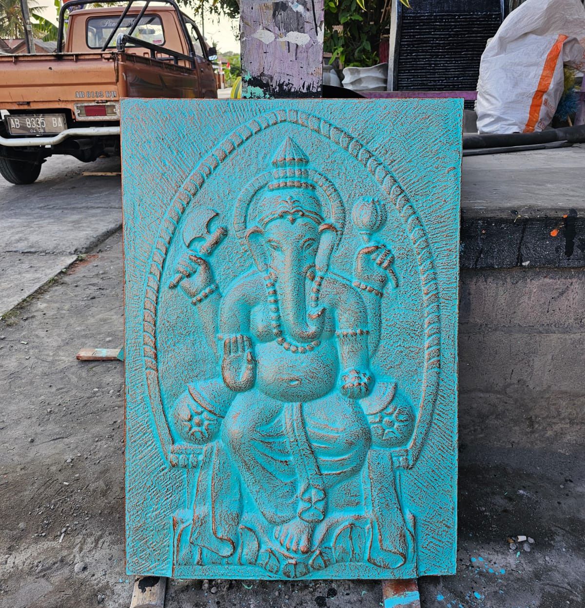 Large Ganpati Iron Frame Turquoise Relief – 0.7 x 1m