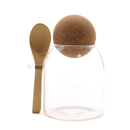 Clear Glass Jar with Cork Ball Lid & Bamboo Spoon - 10cm