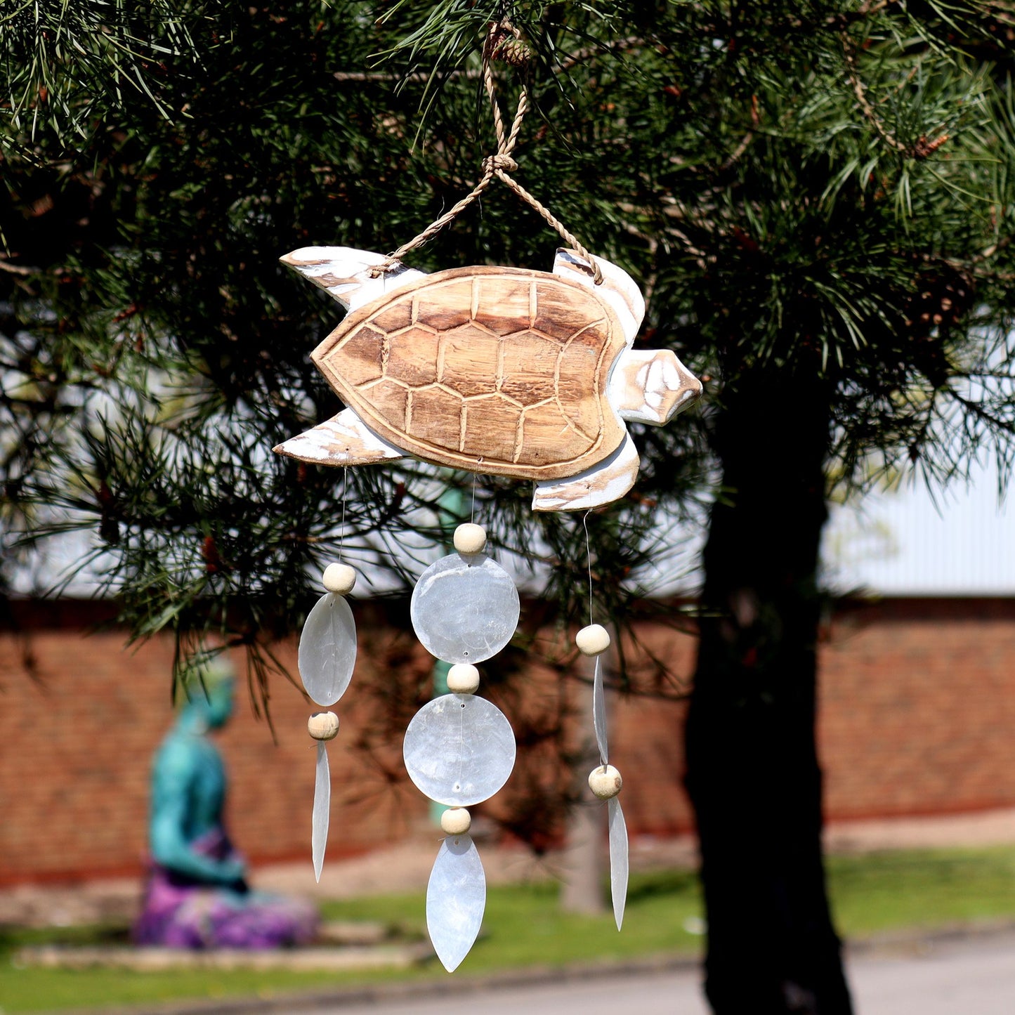 Whitewash Turtle Carving & Natural Capiz Drop Chime – Handmade Wind Chime