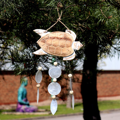 Whitewash Turtle Carving & Natural Capiz Drop Chime – Handmade Wind Chime