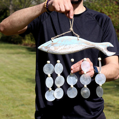 Bluewash Fish Carving & Natural Capiz Drop Chime – Handmade Wind Chime