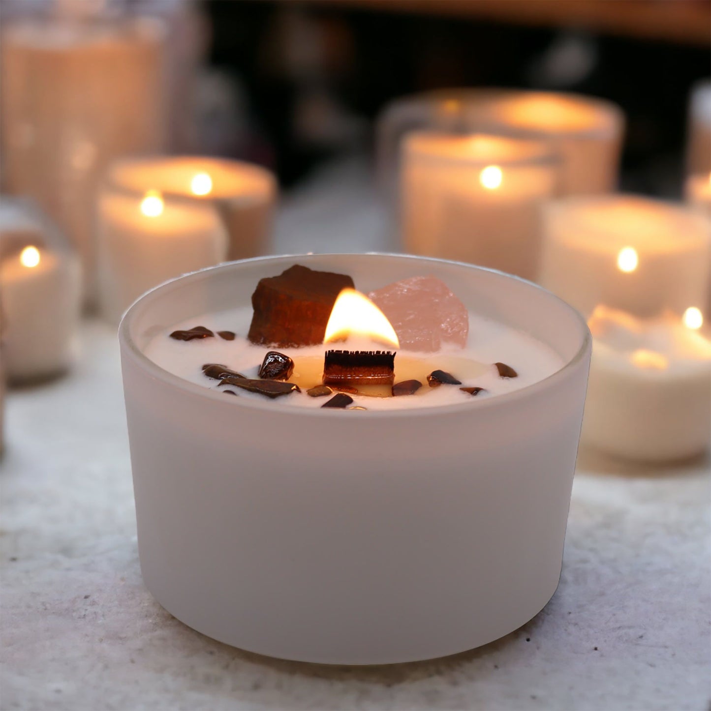 Chakra Crystal Candle – Sacral Chakra | Tiger Eye, Rose Quartz & Invoking Dreams