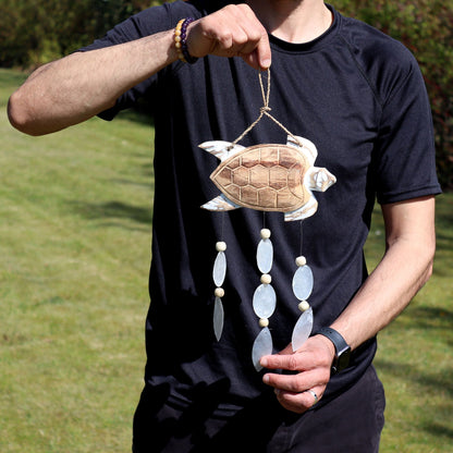 Whitewash Turtle Carving & Natural Capiz Drop Chime – Handmade Wind Chime