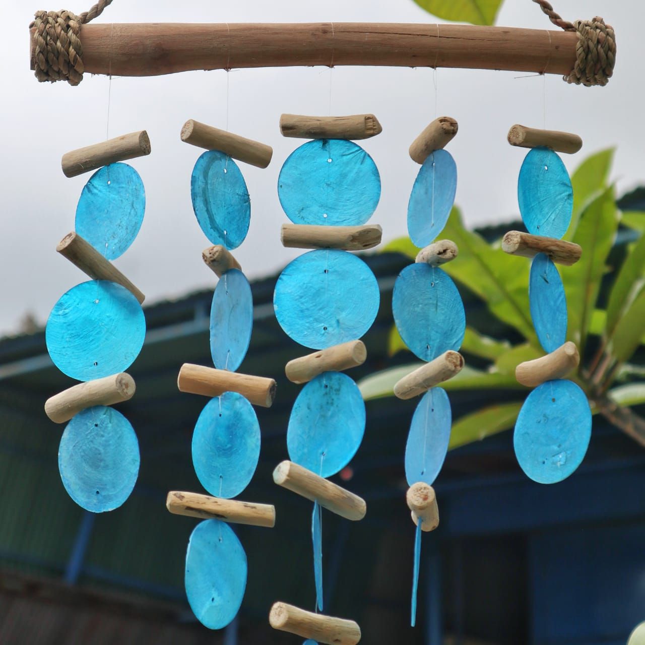 Blue Driftwood Chime – Handmade Capiz Shell & Driftwood