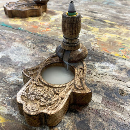 Sm Mango Wood Backflow Incense Burner - Hamsa