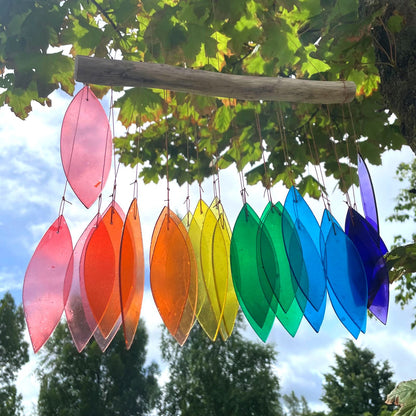 Rainbow Glass Leaf Driftwood Chime – Assorted Colours