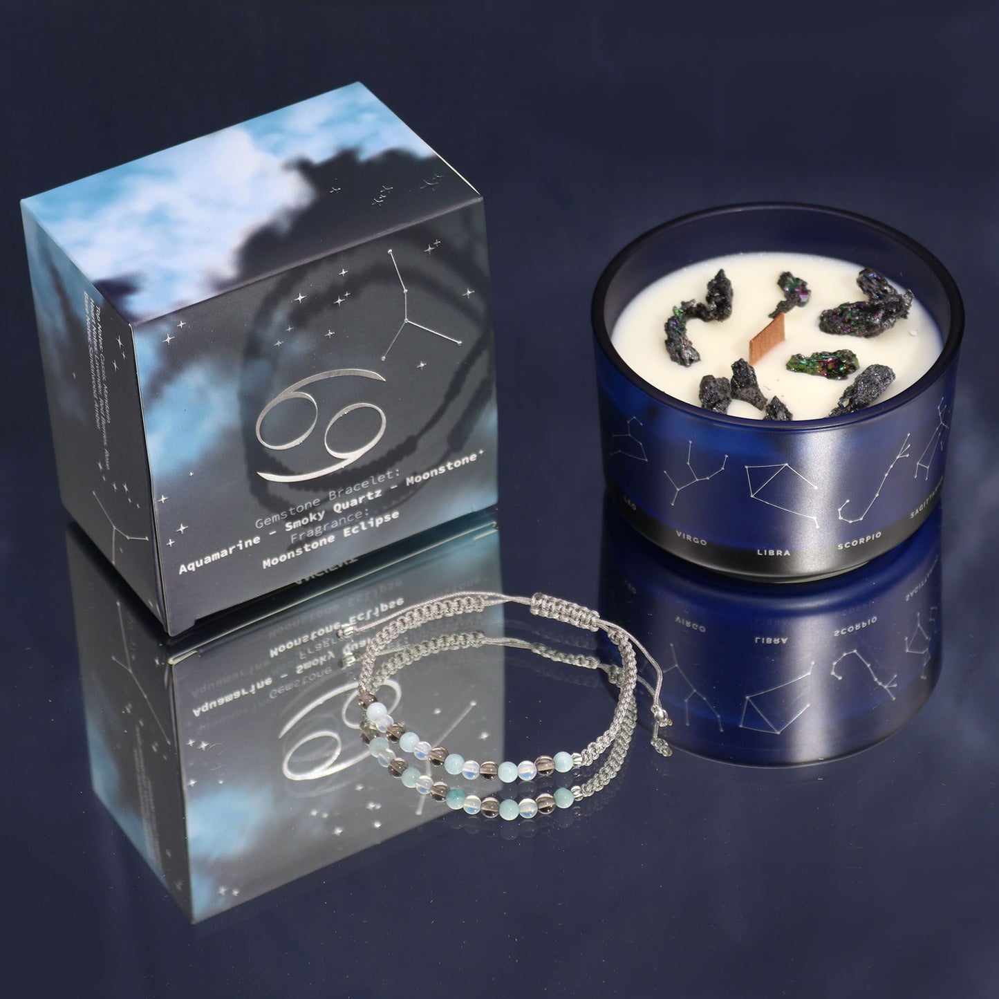 Zodiac Crystal Candle with Gemstone Bracelet – Cancer | Moonstone Eclipse