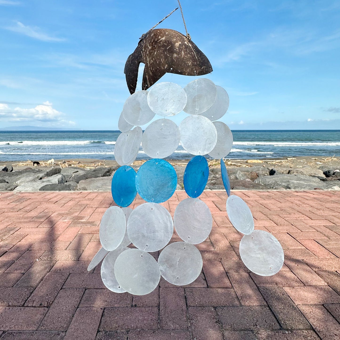 Coconut & Capiz Wind Chimes – Blue Dolphins, 30cm