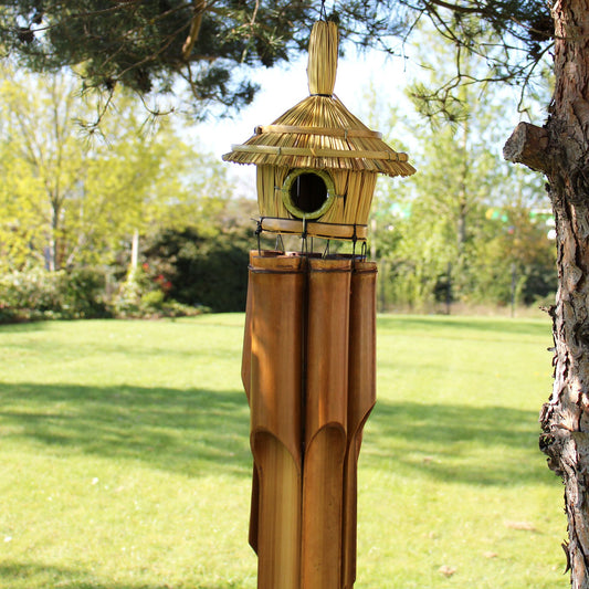Large Round Seagrass Bird Box with Chimes 56x20cm – Natural Handmade Garden Decoration