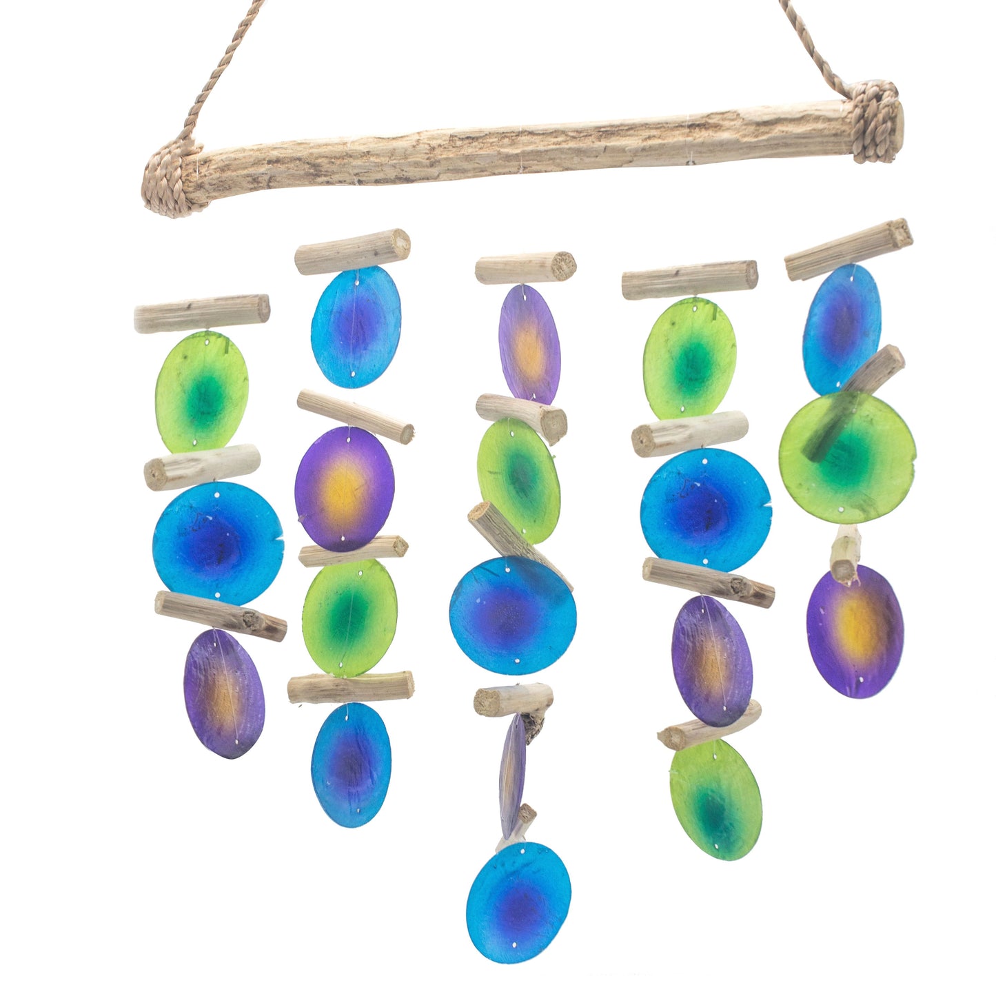 Green & Purple Driftwood Chime – Handmade Capiz Shell & Driftwood