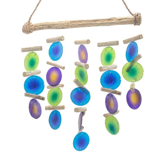 Green & Purple Driftwood Chime – Handmade Capiz Shell & Driftwood