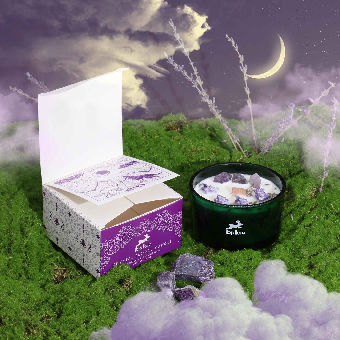 Hop Hare Crystal Magic Flower Candle – The Moon | Amethyst & Lavender Hills